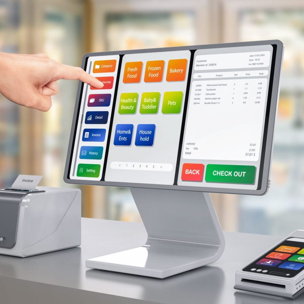 3d rendering touch screen point of sale system or cash register machine on desk with finger point