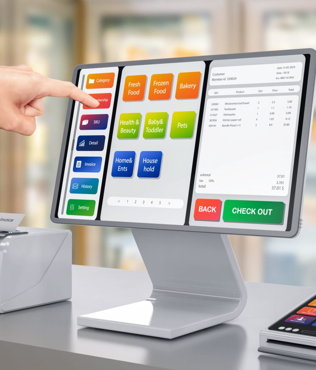 3d rendering touch screen point of sale system or cash register machine on desk with finger point